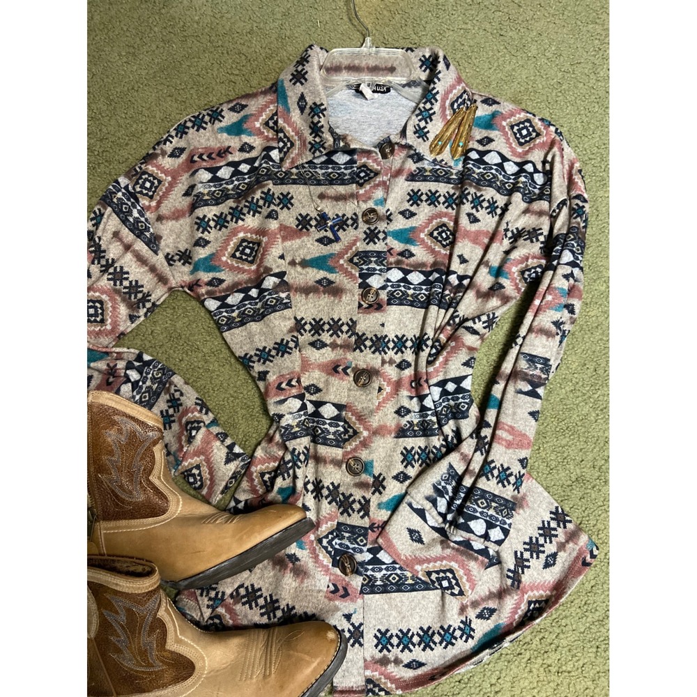 Heimish USA Womens Southwestern Geometric Print Button Down Shirt Tan Teal Small
